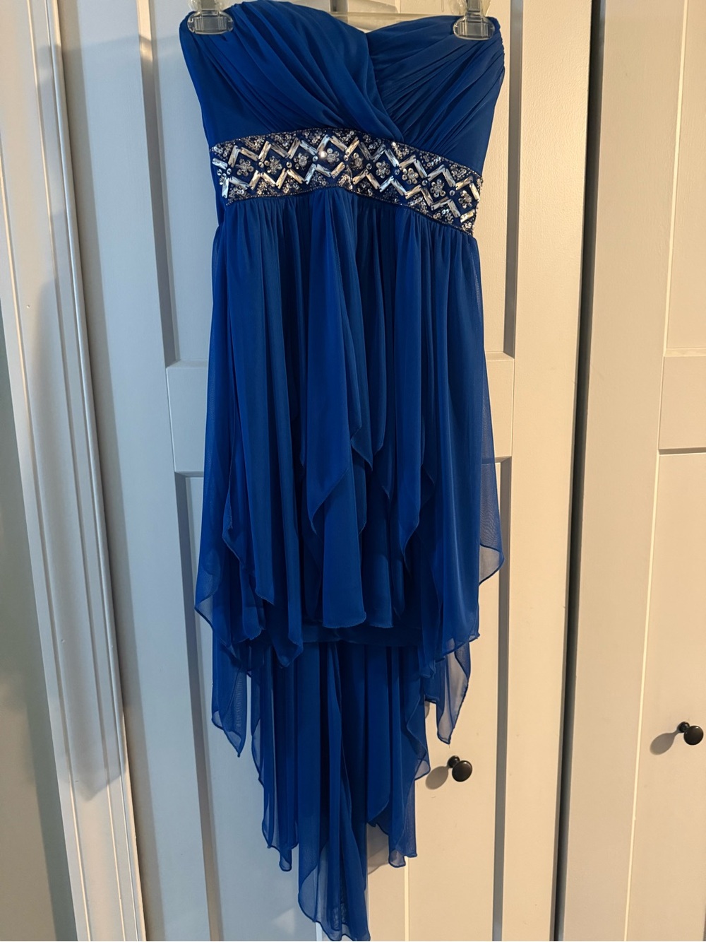 B Darlin Strapless Royal Blue High-Low Evening Dress with Beaded Waist